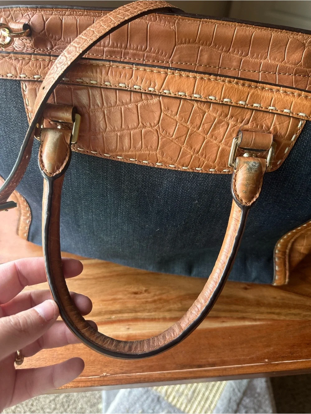 Michael Kors SelmaBrown Croc-Embossed Leather & Denim Canvas Satchel - Picture 3 of 5